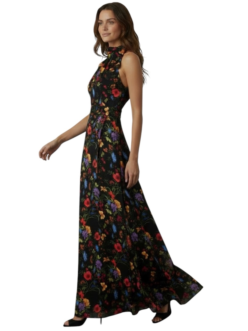 NWT SACHIN + BABI Black Wild Flower Sleeveless Tie Neck Dress Gown Size 18W - Picture 2 of 5